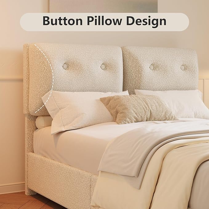 Full Bed Frames,Breathable Boucle Fabric Upholstered Bed Frame with Headboard,Removable and Washable,Wood Slat Support,No Box Spring Needed,Easy Assembly,Beige