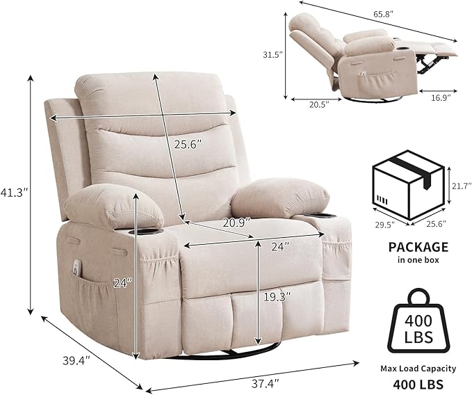 Recliner Chair Nursery, Oversized Manual Reclining Rocking Chair, 360 Swivel Glider with Cup Holder, Massage and Heat Recliner, Indoor Small Single Sofa Chairs for Adults, RV, Bedroom, Line Beige