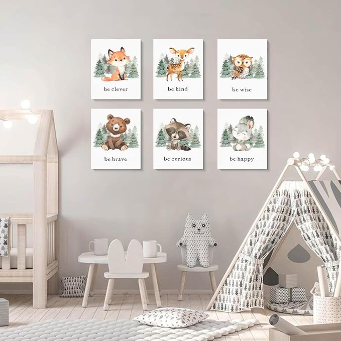 Wodkwq Nursery Wall Art Woodland Animal Canvas Prints Baby Girl Boy Room Decor Cute Poster Pictures Forest Theme Toddler Room Decoration Painting Set of 6 for Kids Bedroom Bathroom 12x16in Unframed