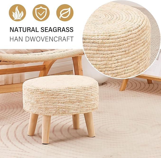 Cpintltr Round Ottoman Natural Seagrass Footstool Hand Weave Water Hyacinth Poufs Eco Friendly Sofa Foot Stool Soft Step Stool Padded Foot Rest with Pine Legs for Living Room (Cream)