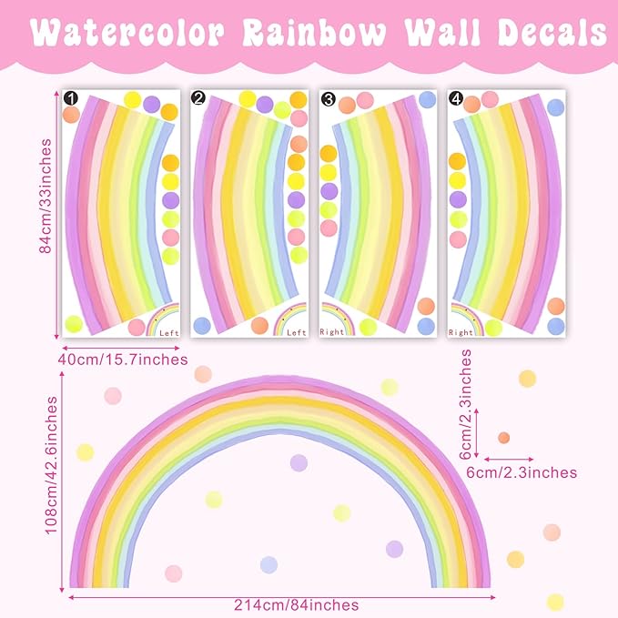 84x42 Inch Extra Large Rainbow Wall Decal Colorful Rainbow Polka Dot Wall Decals Large Rainbow Wall Sticker Fabric Decals Nursery Rainbows Stickers for Kids Rooms Girls Bedroom