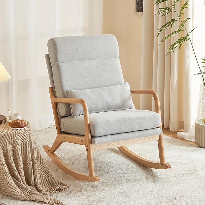 JOYBASE Rocking Chair, Nursery Glider Rocker Chair, Nursing Rocking Accent Chair, Modern Comfy Lounge Armchair with High Backrest for Indoor, Living Room, Bedroom, Nursery (Light Grey, Linen)