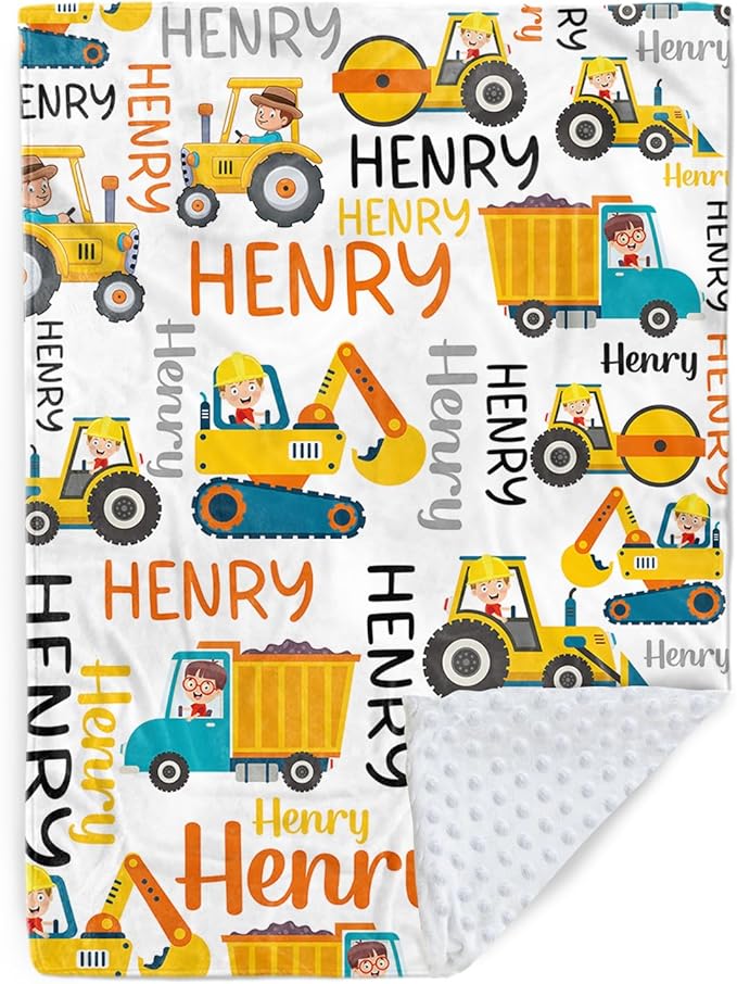Personalized Baby Blankets for Boys, Custom Name Blanket Birthday Gift for Kid, Soft Flannel Blanket with Dotted Backing for Infants Toddlers, Customized Gifts, Yellow Truck(47" x60)