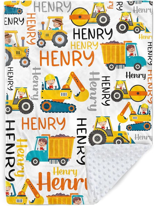 Personalized Baby Blankets for Boys, Custom Name Blanket Birthday Gift for Kid, Soft Flannel Blanket with Dotted Backing for Infants Toddlers, Customized Gifts, Yellow Truck(60" x80)