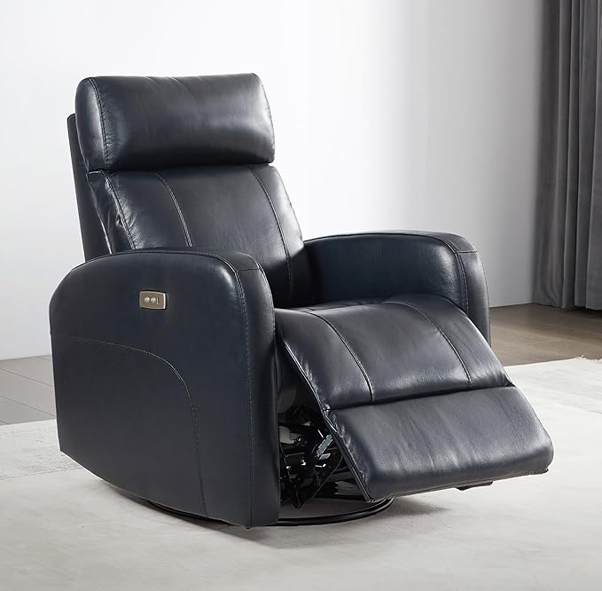 CHITA Genuine Leather Power Swivel Glider Recliner Chair for Adults, FSC Certified Electric Nursery Rocker Recliner Chair for Living Room, Navy Blue