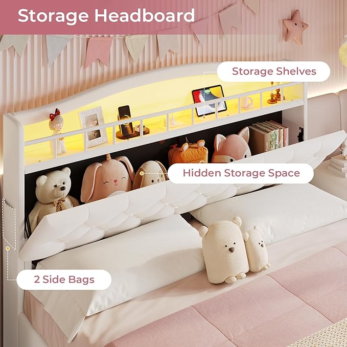 BTHFST Full Bed Frame with Storage Headboard & 4 Drawers, Girl Upholstered Storage Bed with LED Lights & Charging Station, No Box Spring Needed, Easy Assembly, Beige