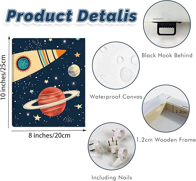 KAIRNE Rocket Outer Space Decor,Solar System Wall Art,The Planets Hanging Decor,Rocket Artwork Paintings out of space decor for Boys Bedroom Toddler Kids Room Classroom Decoration