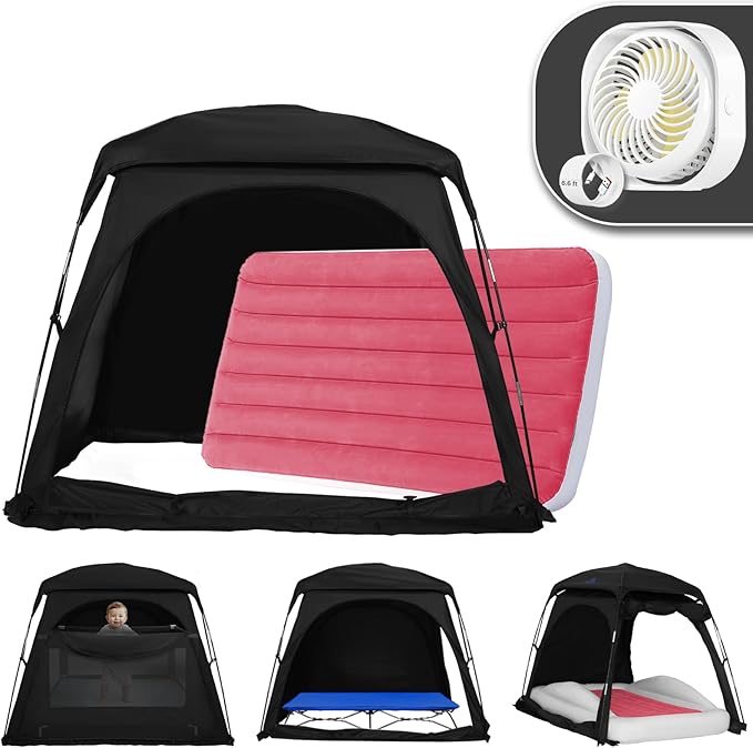 Baby Blackout Sleep Tent with 5 Inch USB Fan Bundle for Pack and Play, Toddler Travel Bed & Kids Cot, 3-Speed Quiet Fan with 6.6ft Cable, Portable & Easy Setup