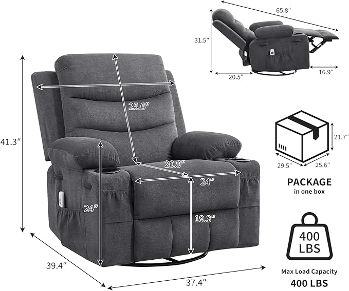 Recliner Chair Nursery, Oversized Manual Reclining Rocking Chair, 360 Swivel Glider with Cup Holder, Massage and Heat Recliner, Indoor Small Single Sofa Chairs for Adults, RV, Bedroom, Linen Gray