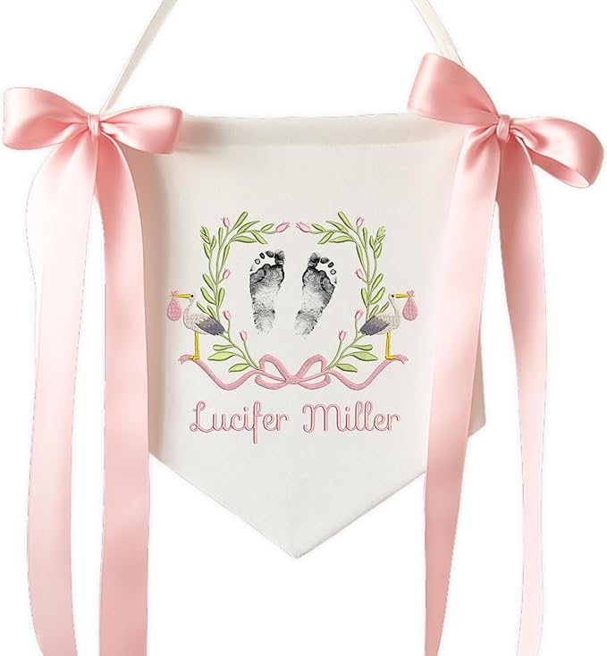 EMBROIDERED Name Baby Banner, Baby Flag with Monogram Name, Personalized Baby Name Sign, Customizable Baby Name, Baby Announcement Sign for Hospital (05 - footprint)
