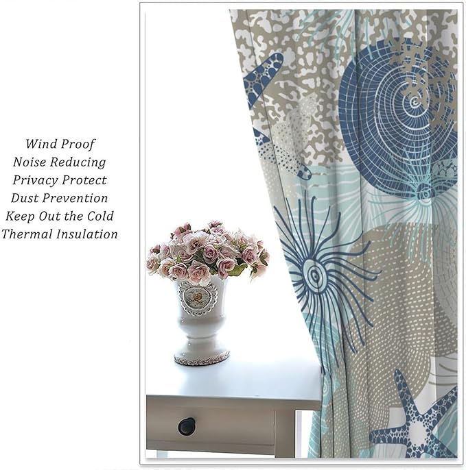 Shell Blackout Curtains Beach Shells Marine Life Water Grass Pattern Printed Curtains Suitable for Living Room Bedroom Privacy Curtains 84x84 Inches