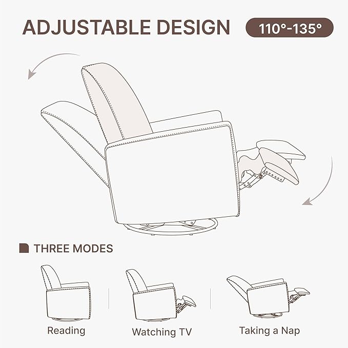 Swivel Rocker Recliner Chair, Nursery Glider Recliner Manual Rocking Comfy Upholstered Fabric Reclining Single Sofa for Nursery Bedroom Living Room