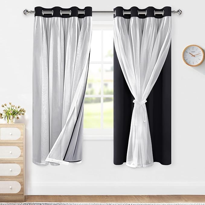 XWZO 100% Blackout Double Layer Curtains, Blackout Curtains with Sheer Overlay for Living Room, Bedroom, Grommet Thermal Insulated Privacy Curtains with Tiebacks, 2 Panels, 52x63, Black