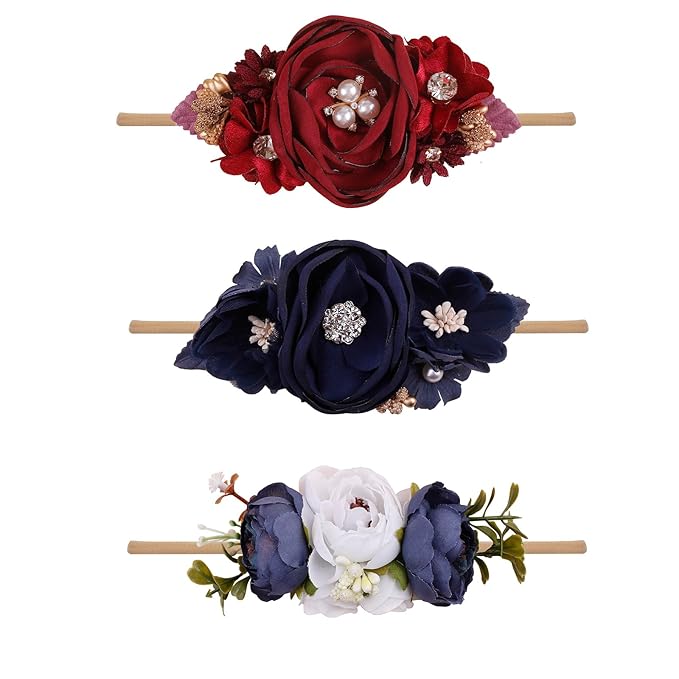 Baby Girl Floral Headbands- 3pcs Nylon Headband Handmade Flower Crown Elastic Hairband Newborn Toddler Hair Accessories Gifts for Girls （1-6 years old）