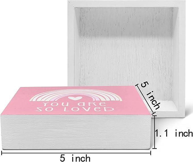 SRADMO You Are So Loved Rainbow Heart Wood Box Sign Desk Decor, Pink Kids Inspirational Quotes Wooden Block Box Sign Decoration for Kids Room Nursery Playroom Shelf Table Decorative Accessories