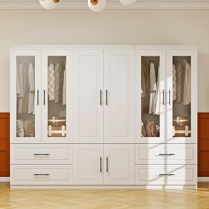 White Armoire Wardrobe Closet with 6 Door: Combination Wood Wardrobe Closet with Glass Door Wooden Bedroom Armoire 4 Drawer with Hanging Rods for Home/Bedroom/Living Room