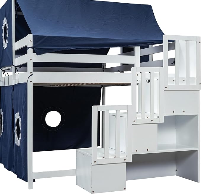 Playhouse Full Size Low Loft Bed with Slide & Tent and Tower, Solid Wood Tent Bed Frame with Storage Staircase for Kids Teens Boys Girls, Versatile Spacious Under Bed Space with Curtains (Blue-TXF)