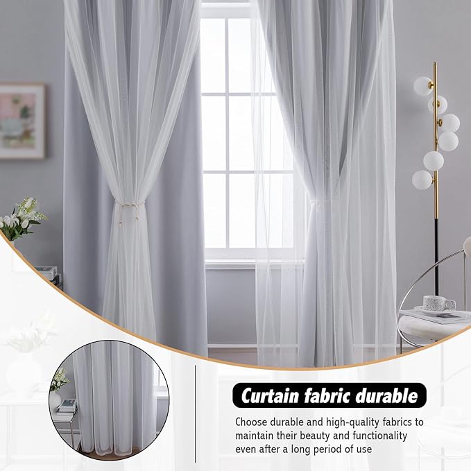 Anytime Home Curtains Blackout and Sheer Layered Solid Window Curtain Panel Pair with Grommet Top, 52Wx63L,Greyish White