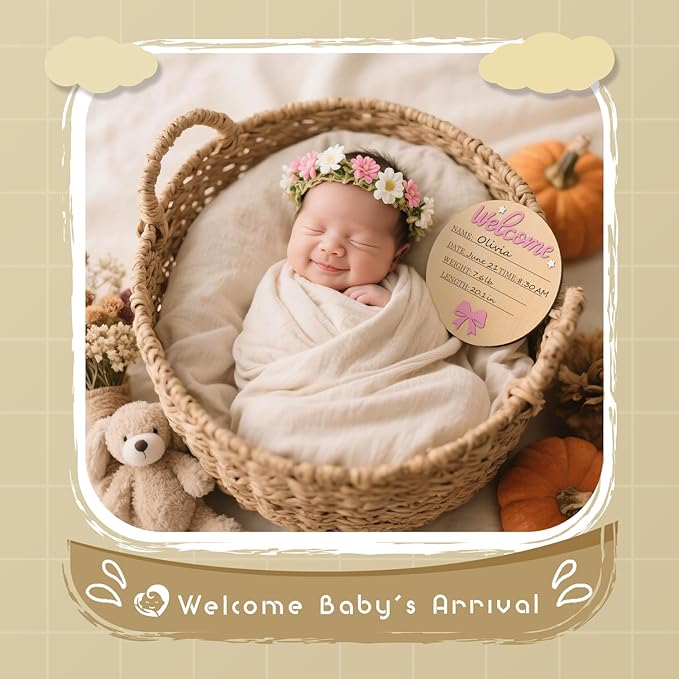 Baby Birth Announcement Sign - 3D Wooden Baby Birth Sign with Marker Pen, Coquette Pink Bow Newborn Name Announcement with Ink Pad for Girls Nursery Decor Keepsake Gift