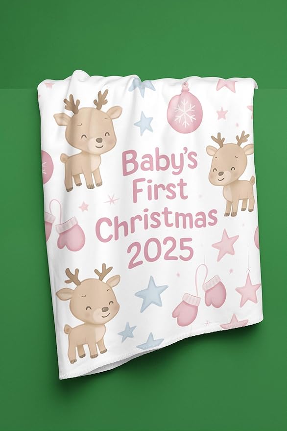 Personalized Baby's First Christmas Blanket, Custom Reindeer Nursery Baby Name Christmas Blanket, Soft Fleece Or Sherpa Throw, Baby Shower, Made in USA