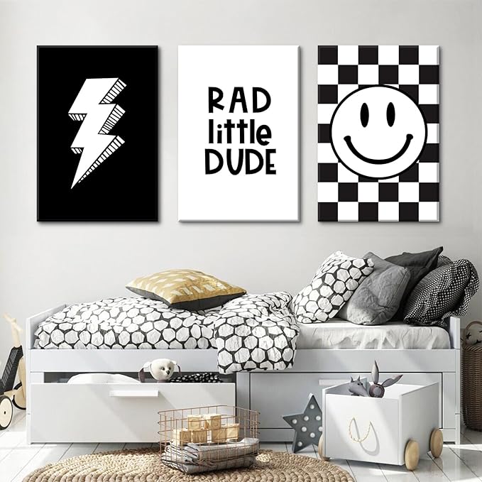 Boys Room Wall Art Decor Toddler Nursery Canvas Wall Art Baby Kids Wall Decor Black Checkered Smiley Poster Pictures Retro Playroom Rad Little Dud Art Prints for Bedroom 16x24x3 Inch Framed