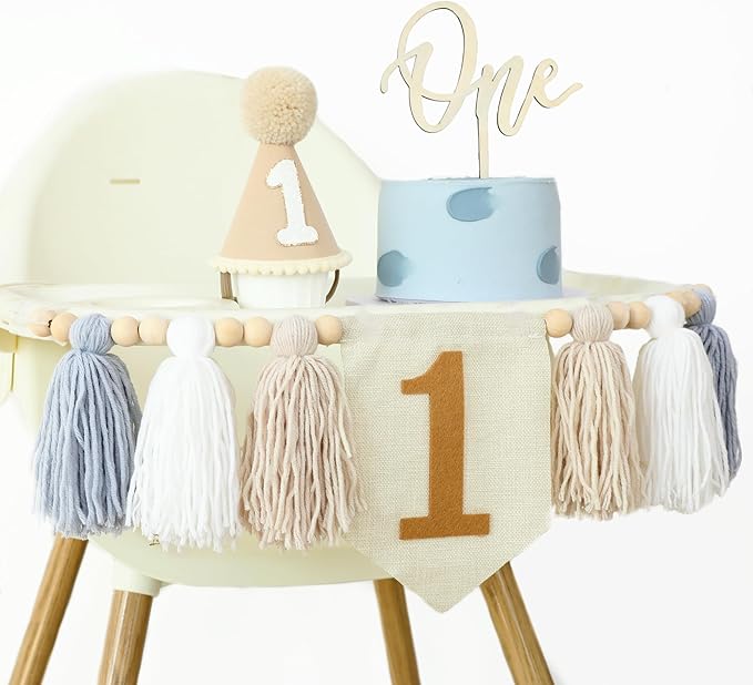 1st Birthday Highchair Banner Decorations For First Boys Khaki Cone Hat With One Cake Topper Photo Backdrop