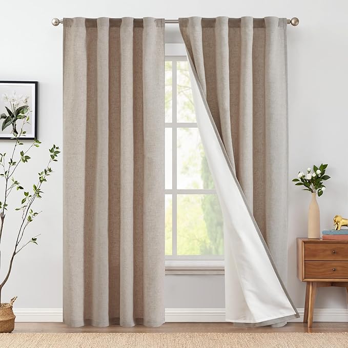 jinchan Taupe Lined Linen Blend Curtain for Living Room 90 Inch Length 2 Panels Curtains for Sliding Glass Doors, 50 Inch Wide Farmhouse Drapes with Rod Pocket Back Tab(50W x 90L, Taupe)