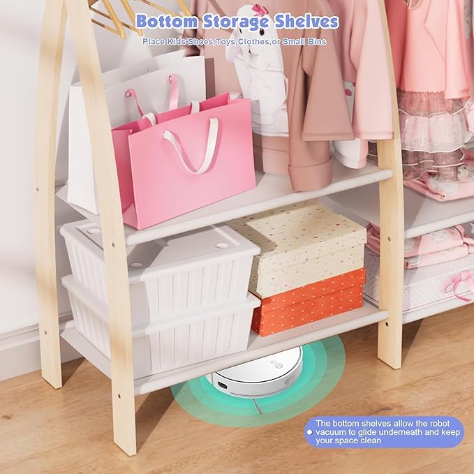 Kids Clothing Rack Dress Up Storage Closet for Girls Baby Garment Wardrobe Toddler Costume Closet with Double Hanging Rod Wood 2 Tier Bottom Storage Shelves Organizer
