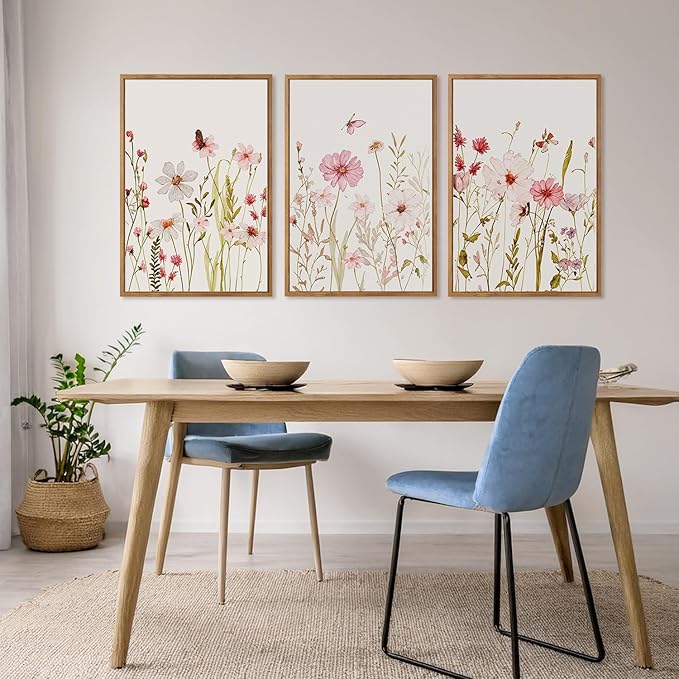 MTFBWY 3Pcs Framed Wildflower Canvas Wall Art – Pink Floral Wall Art Watercolor Prints, Pink Botanical Artwork, Colorful Flower Pictures Decor Printing for Living Room, Girls Bedroom, or Bathroom, 24L" x 16W"