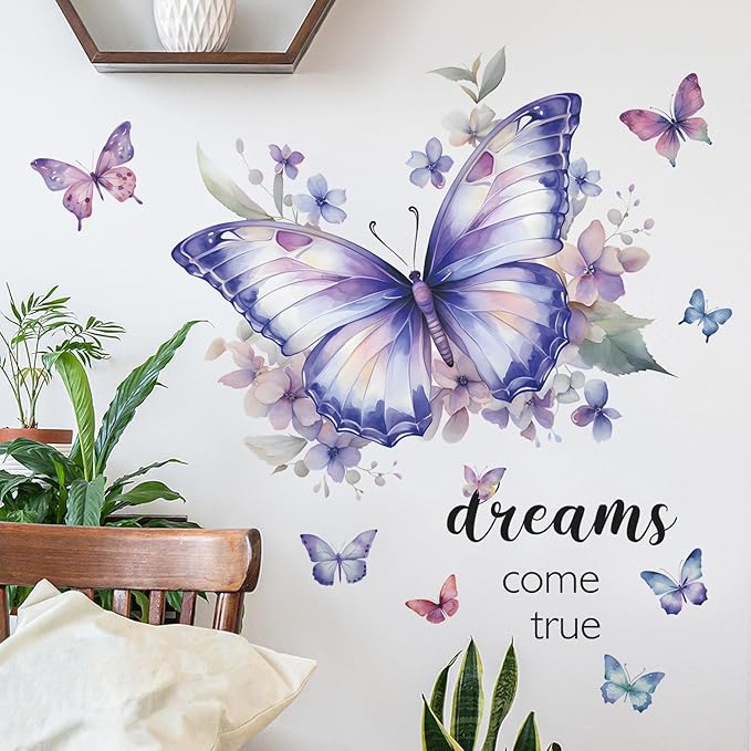 Purple Butterfly Wall Decals Removable Butterfly Flower Wall Stickers Peel and Stick Butterflies Wall Decor Stickers for Kids Girls Bedroom Nursery Bathroom Decorations VA-G006