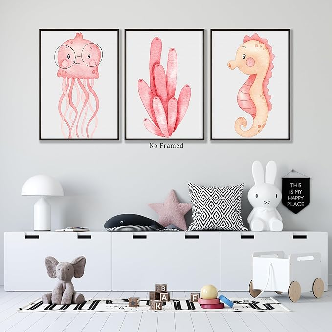 ZZJYYC Ocean Nursery Wall Art Pictures Pink Watercolor Nautical Canvas Art Poster Beach Animal Wall Decor Paintings Sea Whale Jellyfish Seahorse Prints for Baby Kids Room 8x10 Inch Set of 6 Unframed