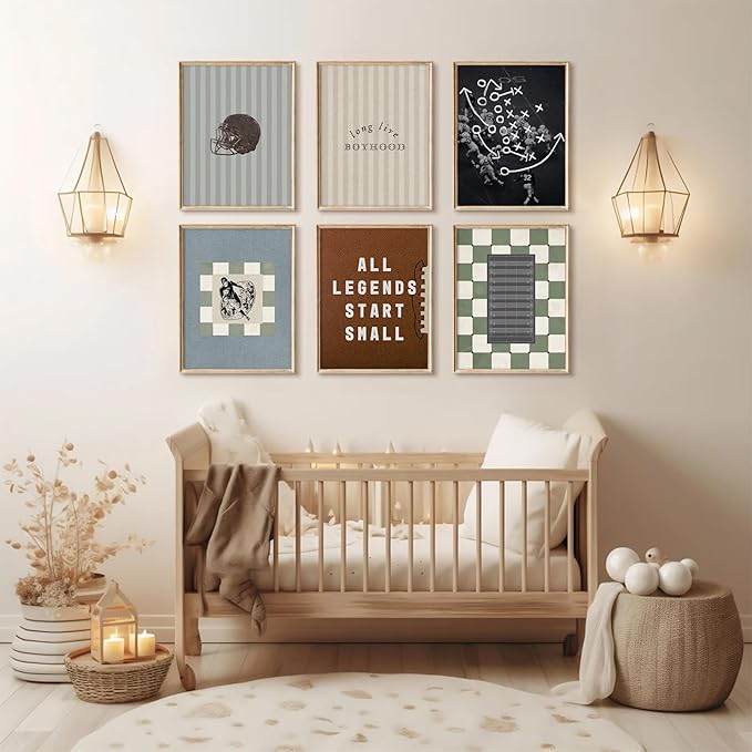 Vintage Football Nursery Wall Art Boys Room Sports Canvas Wall Decor Vintage Football Pictures Prints Boy Sports Posters Nursery Artwork Painting for Kids Toddler Bedroom 12x16 Inch Unframed Set of 6