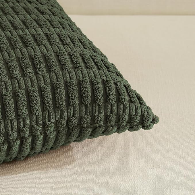 Fancy Homi 2 Packs Boho Olive Green Decorative Throw Pillow Covers 20x20 Inch for Couch Bed Sofa, Rustic Modern Farmhouse Home Decor, Soft Plush Corduroy Square Cute Cushion Case 50x50 cm