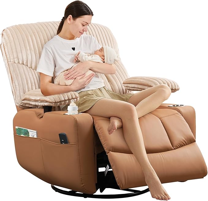 SUNWAVE Power Nursery Rocking Chair with Adjustable Armrests, Nursing Chair with USB, Cup Holders & Blanket, Swivel Rocker Recliner with Corduroy and PU Leather Mixed Fabric (Brown)