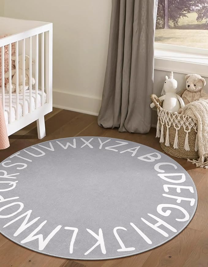 LIVEBOX Grey ABC Kids Rug for Playroom, Baby Nursery, Kids Room, Soft Circle Carpet Learning Crawling Mat for Classroom Dorm (40", Grey)