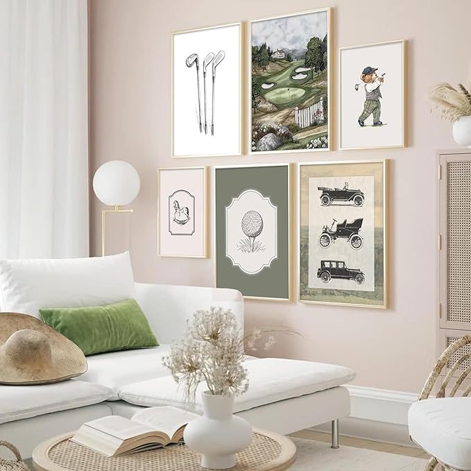 VHQXFQHU 6Pcs Sage Green Vintage Nursery Wall Art Teddy Bear Golf Sports Wall Decor Toddler Vehicle Painting Pictures Vintage Cars Farmhouse Poster for Kids Boys Room Playroom Bedroom 8x10in Unframed