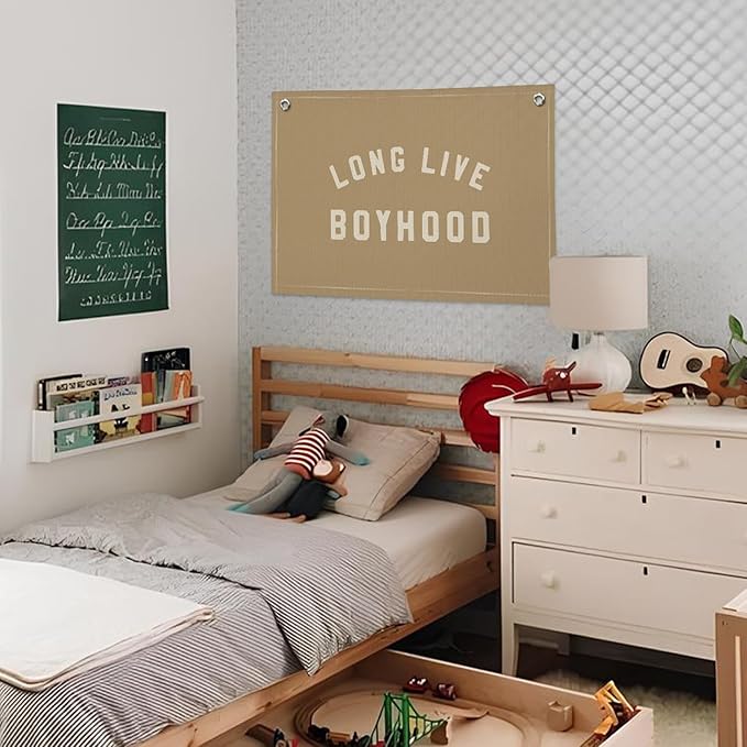 Long Live Boyhood Boys Room Decor - Linen Banner Wall Hanging Canvas Banner Flag Decor for Toddler Boy Room Nursery Playroom - Beige