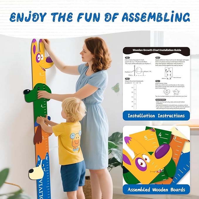 Personalized Name Wooden Growth Chart for Kids – Big Ear Dog Wall Growth Chart, Custom Height Ruler for Nursery, Bedroom, Playroom Decor, Birthday Gift for Boys and Girls