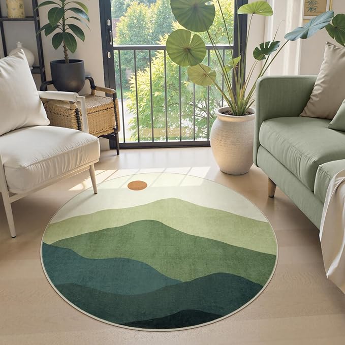 Circle Rug 3ft, Small Round Rugs Non Slip Washable, Abstract Mountain Round Carpet for Bedroom, Low-Pile Throw Mat for Kitchen Entryway Bathroom Home Decor(Green)