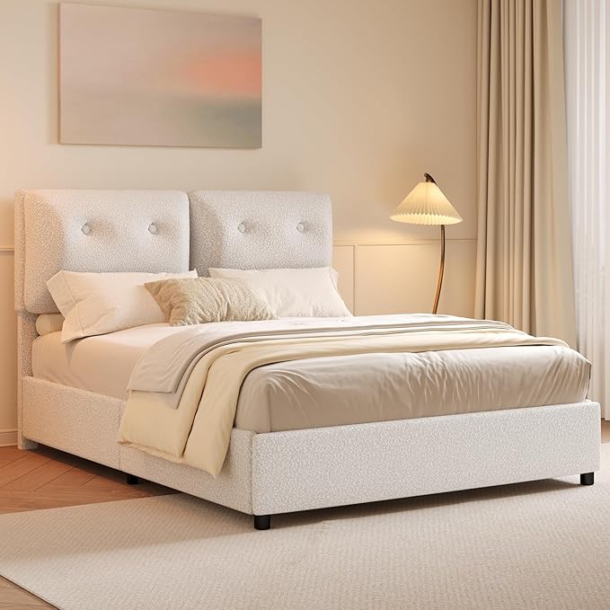 Full Size Bed Frame with Headboard, Cloud Boucle Upholstered Bed Frame, Modern Soft Style, Adjustable Headboard, No Box Spring Needed, Easy Assembly, White