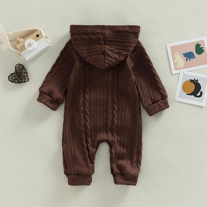 Infant Boys Girls Knit Sweater Romper Baby Toddlers Long Sleeve Hooded Button Up Winter Outfits with Pocket