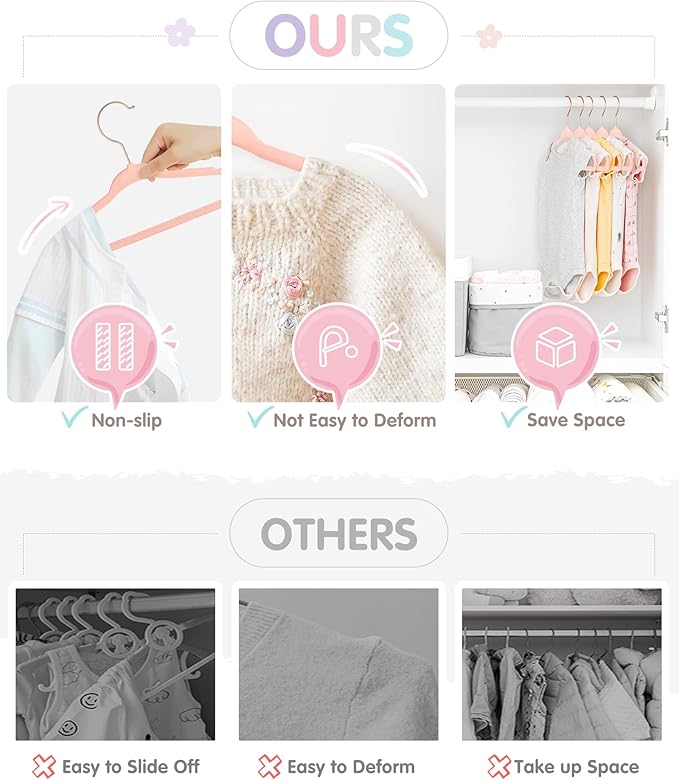 VIS'V Baby Hangers, 11 Inch Velvet Kids Hangers with 6 Pcs Clothes Size Dividers, Infant Toddler Nursery Closet Organization, Non Slip, Pink, 50 Pcs