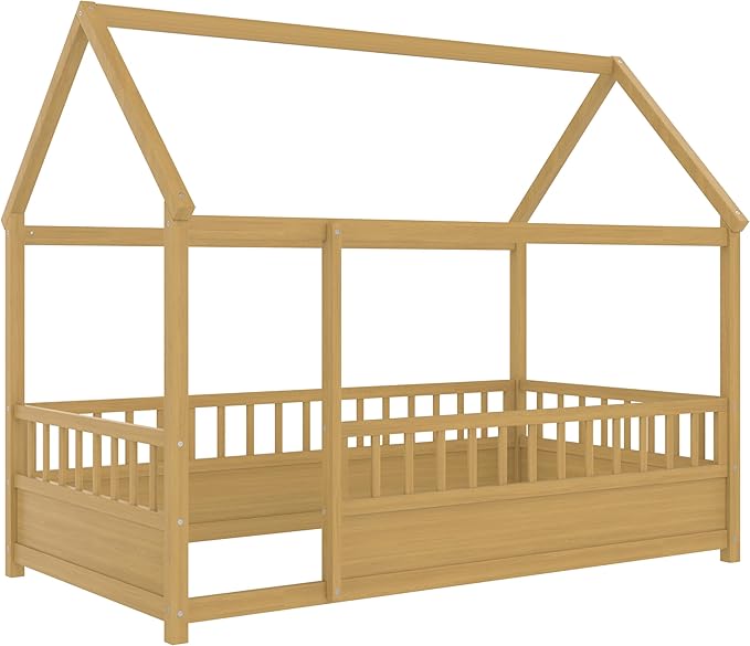 Ball & Cast Twin Size House Bed Frame,Montessori Floor Bed with Safety Fence and Roof for Kids,Wood Platform Bedframe W/Open Door for Girls Boys,Bedroom,Playroom,Easy Assembly,Natural