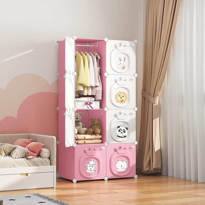 MAGINELS Kids Wardrobe, Baby Girls Closet Armoires Organizer with Door. Open Hanging Children Costume Area and 6 Cube Storage. Pink (28x14x56inch)
