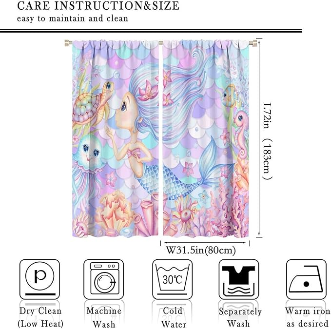 Fantasy Mermaid Curtain Dream Cartoon Marine Organisms Turtle Coral Ocean Theme Dream Blackout Window Treatment for Kids Girls Bedroom Nursery Room Decor Rod Pocket Window Drapes 63x72in