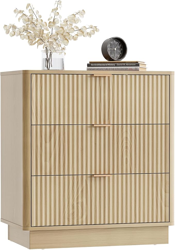 Mid Century Modern 3 Drawer Dresser for Bedroom, Fluted Wood Nightstand with Round Edge Design, Shallow Bedroom Storage for Closet, Living Room（Natural Oak）