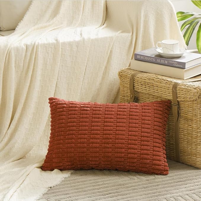 Fancy Homi 2 Packs Burnt Orange Lumbar Decorative Throw Pillow Covers 12x24 Inch for Living Room Couch Bed Sofa, Farmhouse Boho Fall Home Decor, Soft Striped Corduroy Rectangle Cushion Case