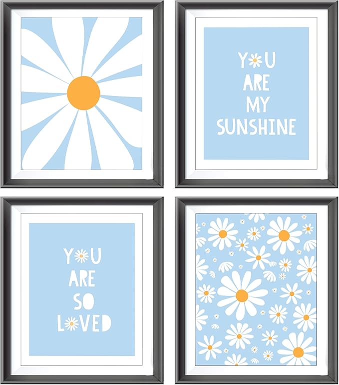 AEHIE Boho Blue Daisy Flower Decor Print, You Are My Sunshine Poster for Baby Girls Room Nursery, Bohemian Wall Art, Spring Aesthetic Floral Wall Art, 4pcs