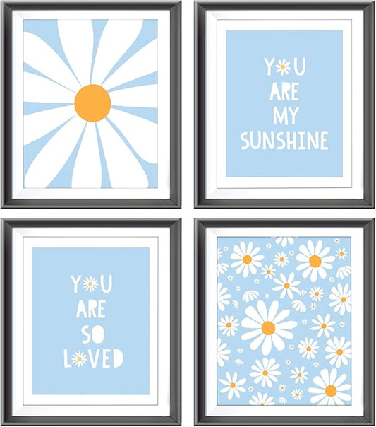 AEHIE Boho Blue Daisy Flower Decor Print, You Are My Sunshine Poster for Baby Girls Room Nursery, Bohemian Wall Art, Spring Aesthetic Floral Wall Art, 4pcs
