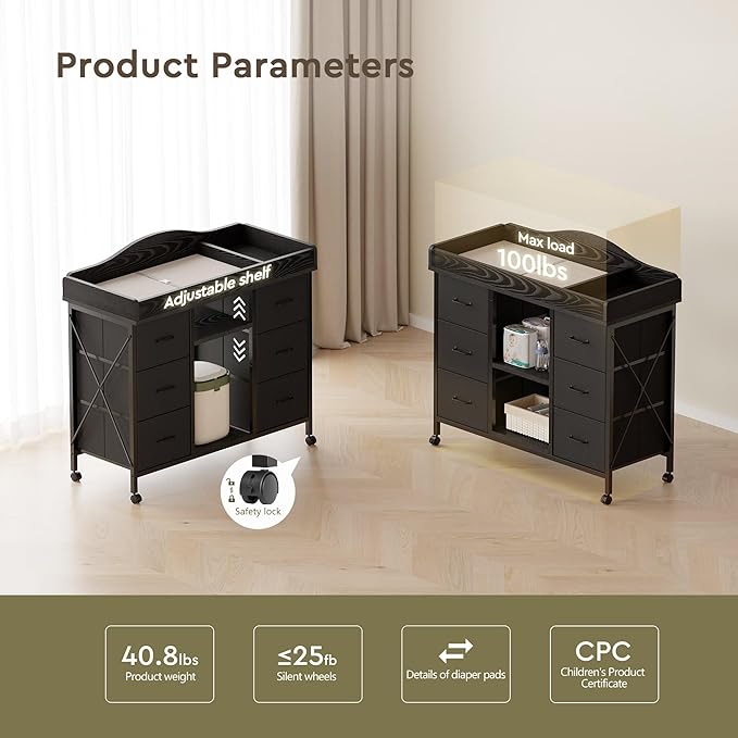 Changing Table, 6-Drawer Baby Dresser with Changing Table top,Waterproof Diaper Changing Station & Pad, 2 Height-Adjustable Open Storage Shelves, Mobile Nursery Organizer, Black